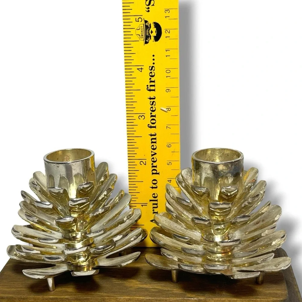 2pc Silver Plated Pine Cone Candle Stick Holders - Tarnished
